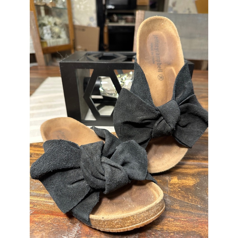 Jeffrey Campbell Black Suede Bow Slide Sandals Cork Sole Women's Size 36 or 5.5